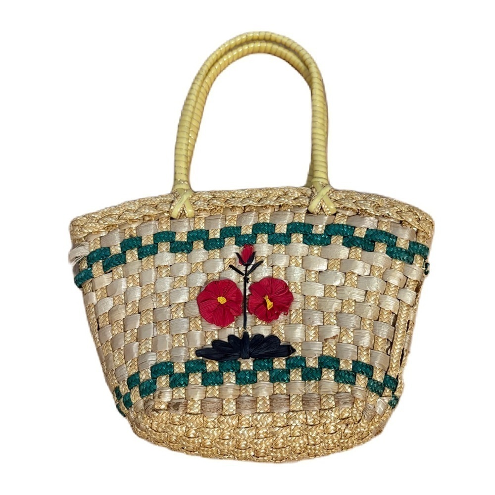 Small Vintage 1960s French Woven Golden Straw Child's Basket Red Flower Retro